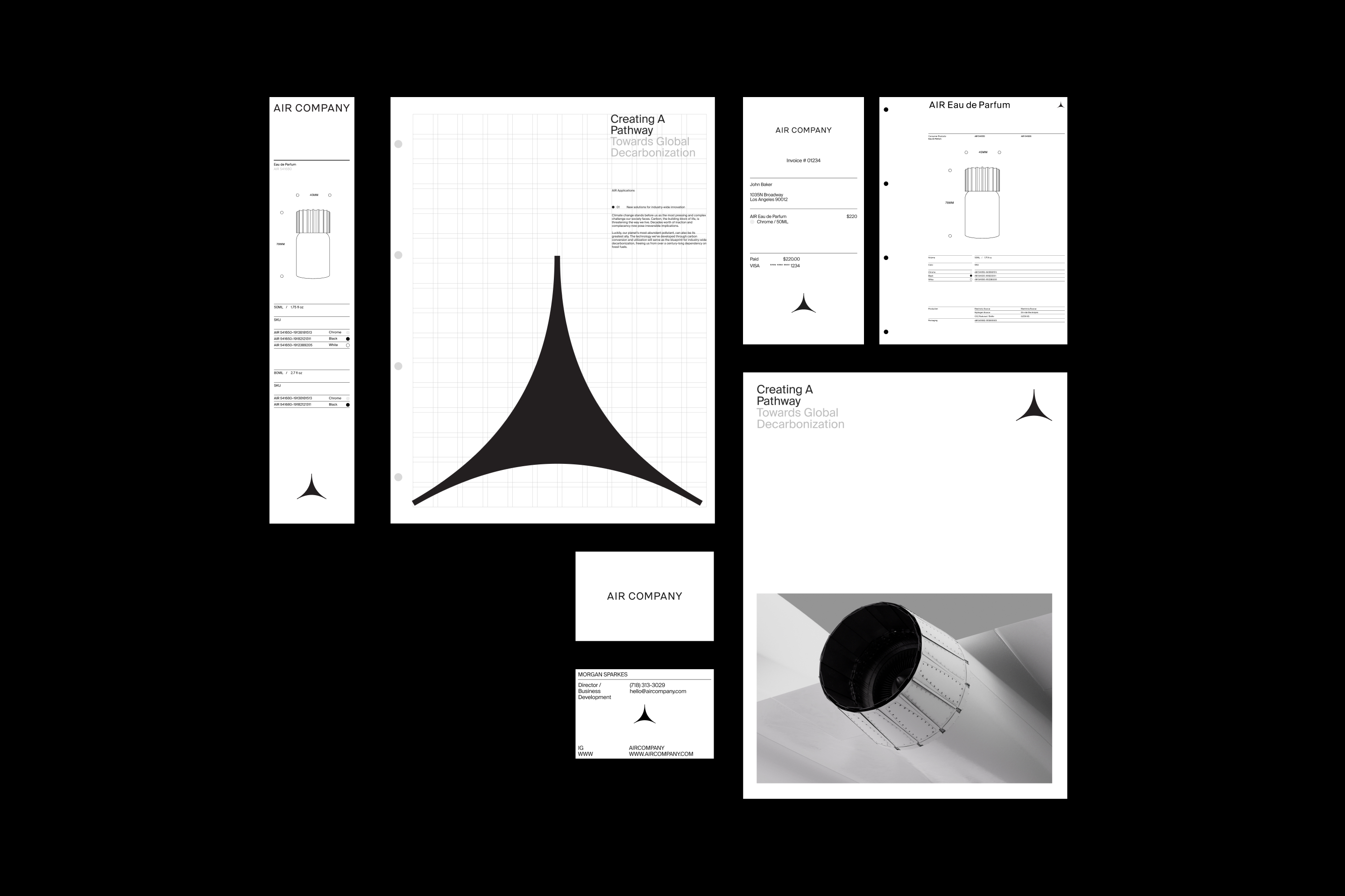 Air Company visual branding on white paper with black text, including logos, product diagrams, and pathway decarbonization text.