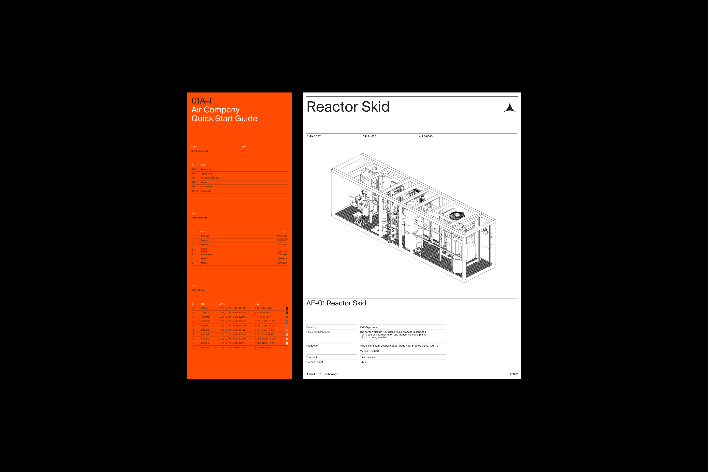 Technical drawing of an AF-01 Reactor Skid with specifications and details, presented on a white sheet with orange accent panel.