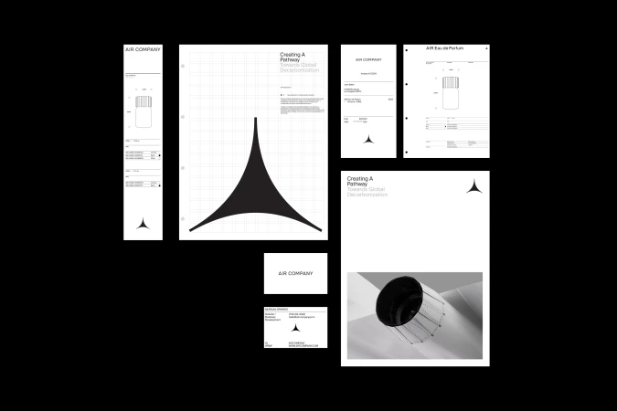 Monochrome brand identity stationery and collateral layout for Air Company featuring minimalist typography and clean grid systems.