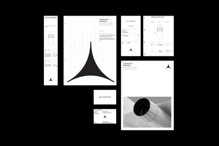 Monochrome brand identity stationery and collateral layout for Air Company featuring minimalist typography and clean grid systems.