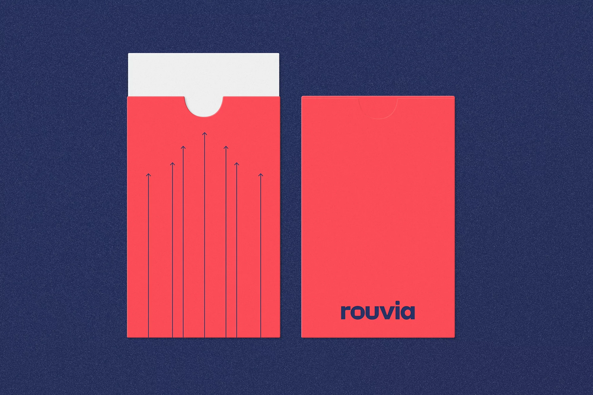 Graphic design featuring a flat lay of a coral-red paper sleeve, one opened with white flap, and one closed with the word 'rouvia'.