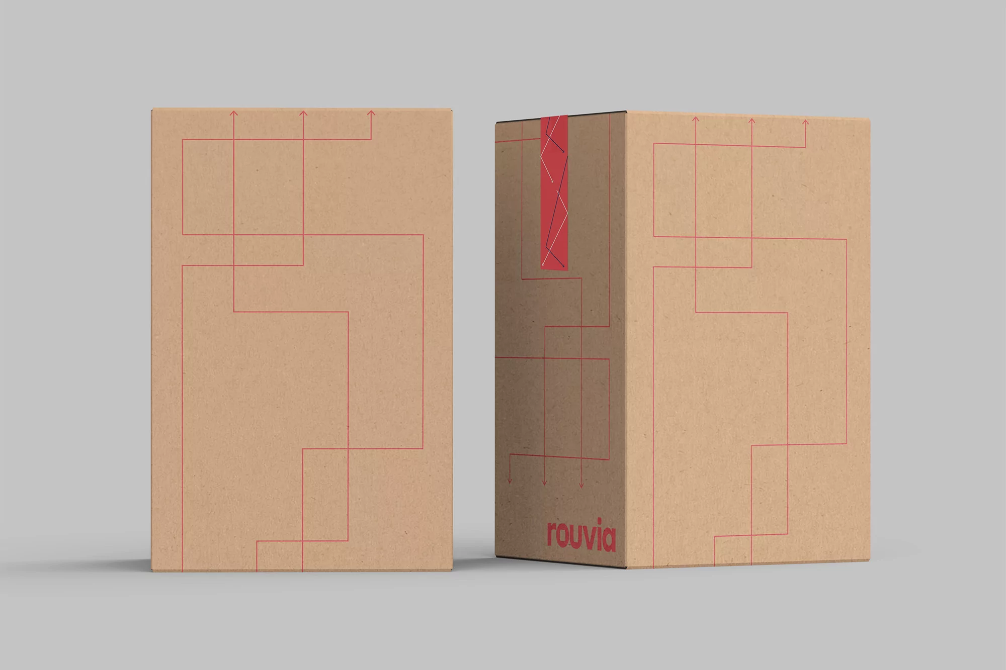 Two cardboard boxes with red line art and a 'rouvia' logo are set against a neutral gray background, showcasing product packaging design.