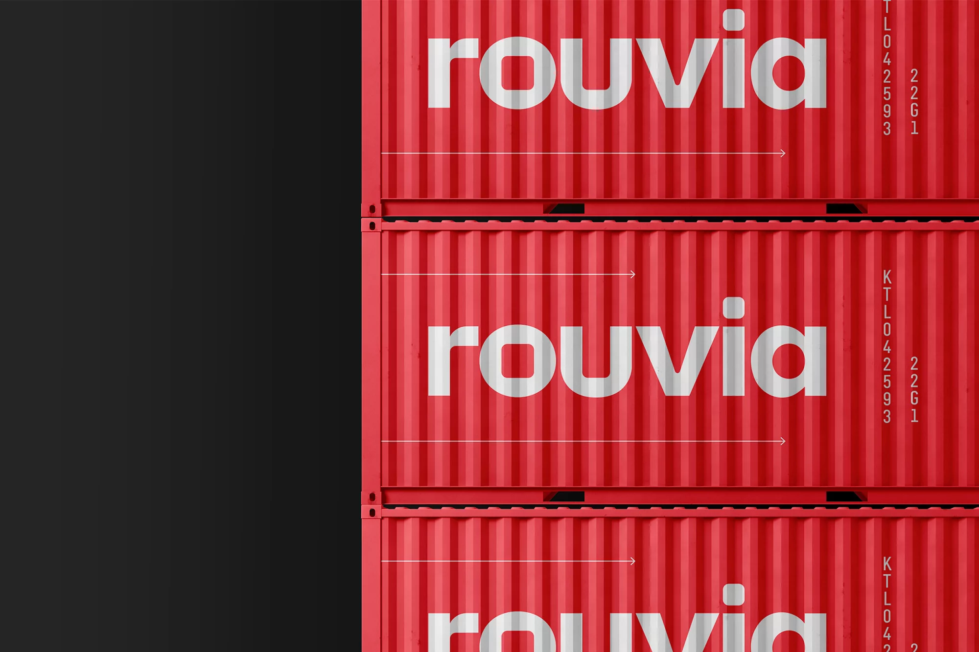 Stacked red shipping containers featuring the word "Rouvia" in white lettering, side view on a dark gray background.