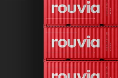 Stacked red shipping containers featuring white typography and horizontal arrow graphics for Rouvia