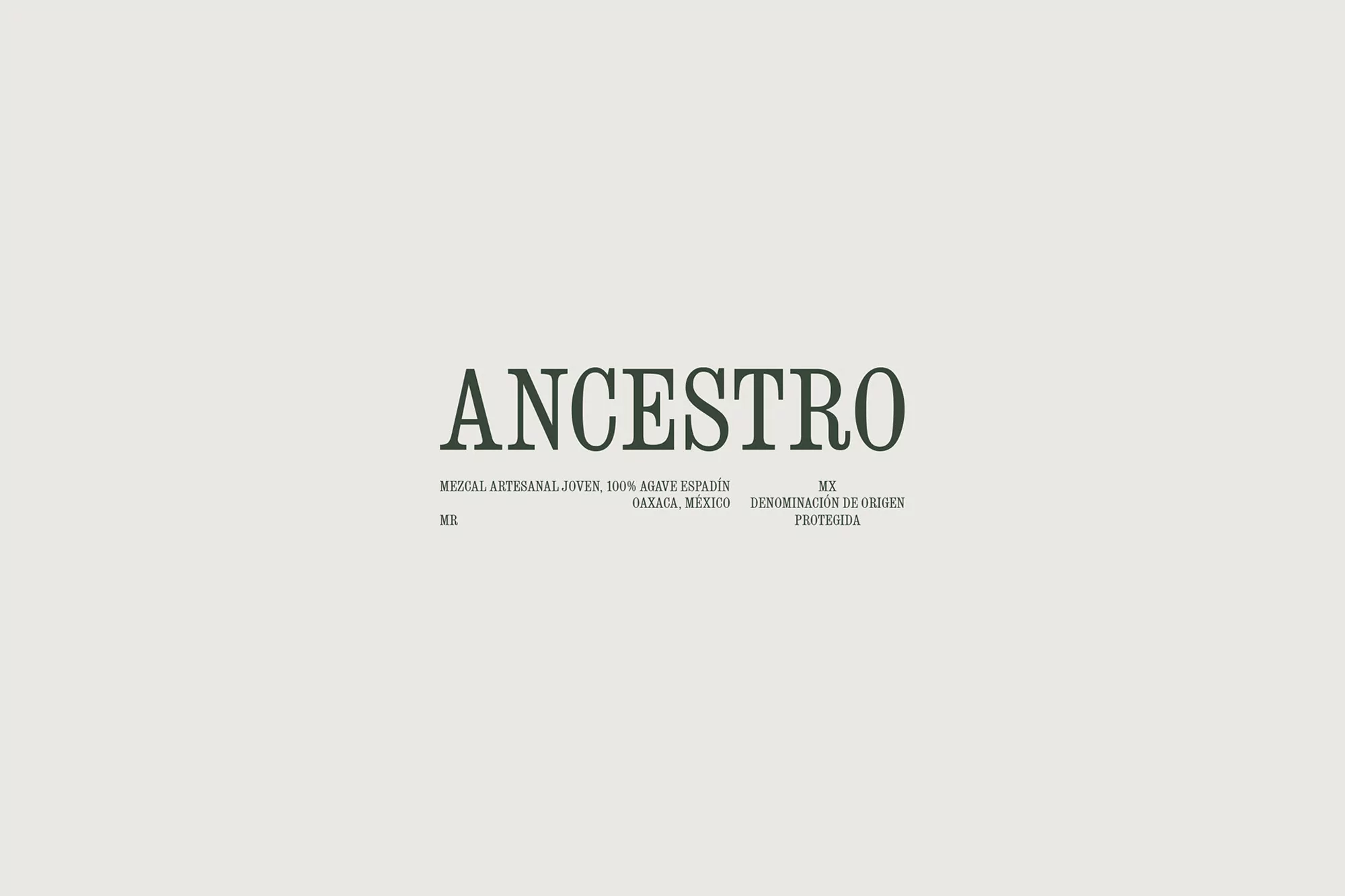 Label design featuring 'ANCESTRO' in bold, dark green font with details about Mezcal Artesanal Joven and its protected origin, set against a beige background.
