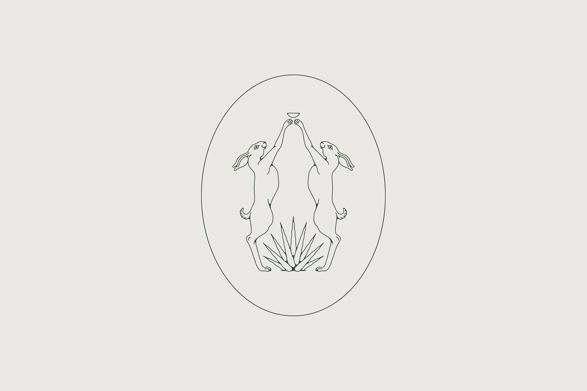Elegant line art illustration features two rabbits facing each other holding a bowl above stylized plants on a plain background.