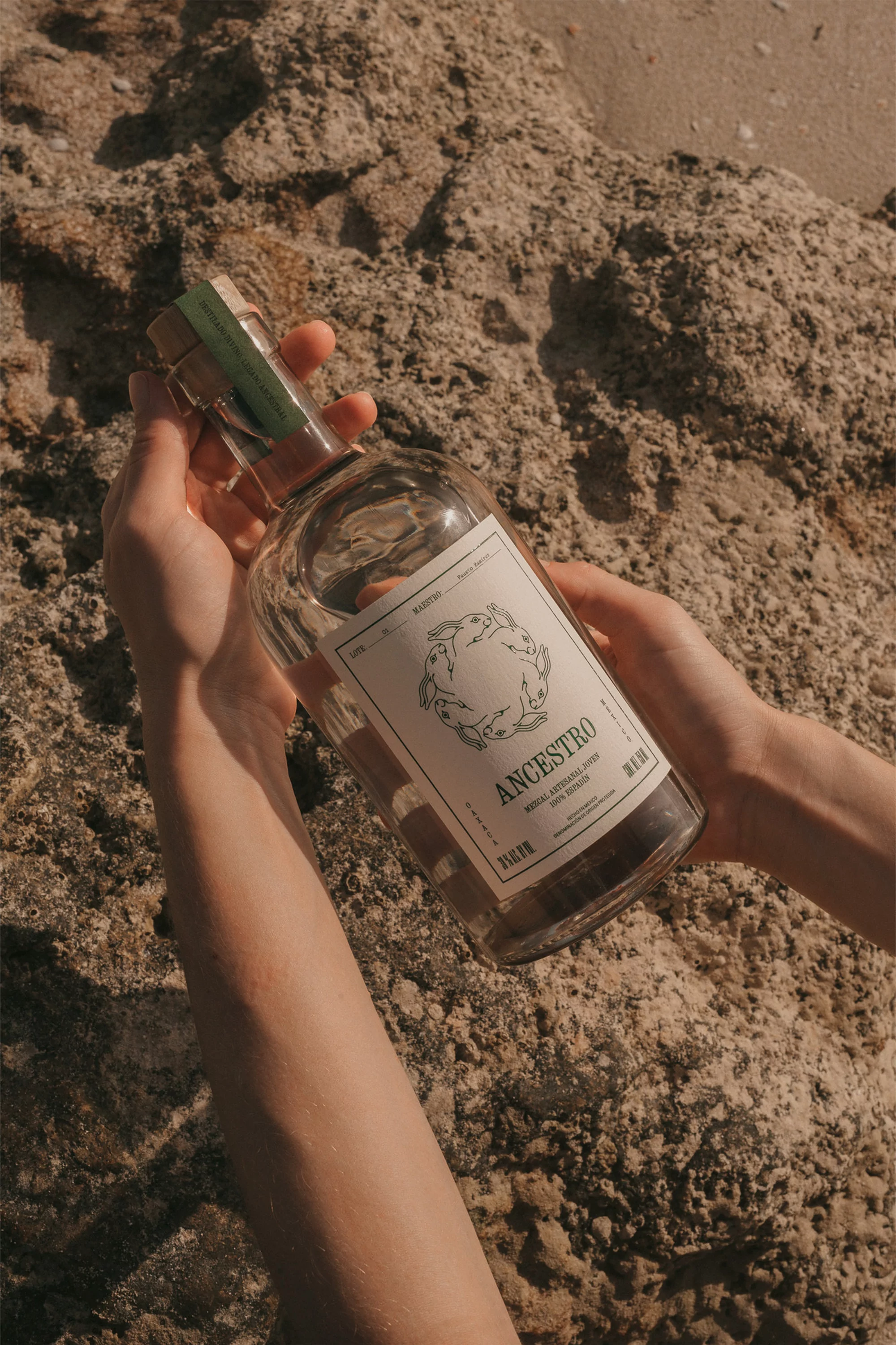 Woman's hands holding a clear glass bottle of Ancestro mezcal over textured tan rocks on a sunny day.  