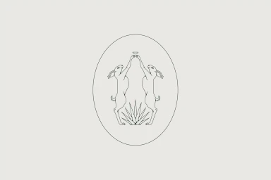 Minimalist line art logo featuring two hares reaching towards a chalice above an agave plant inside an oval border on a light background