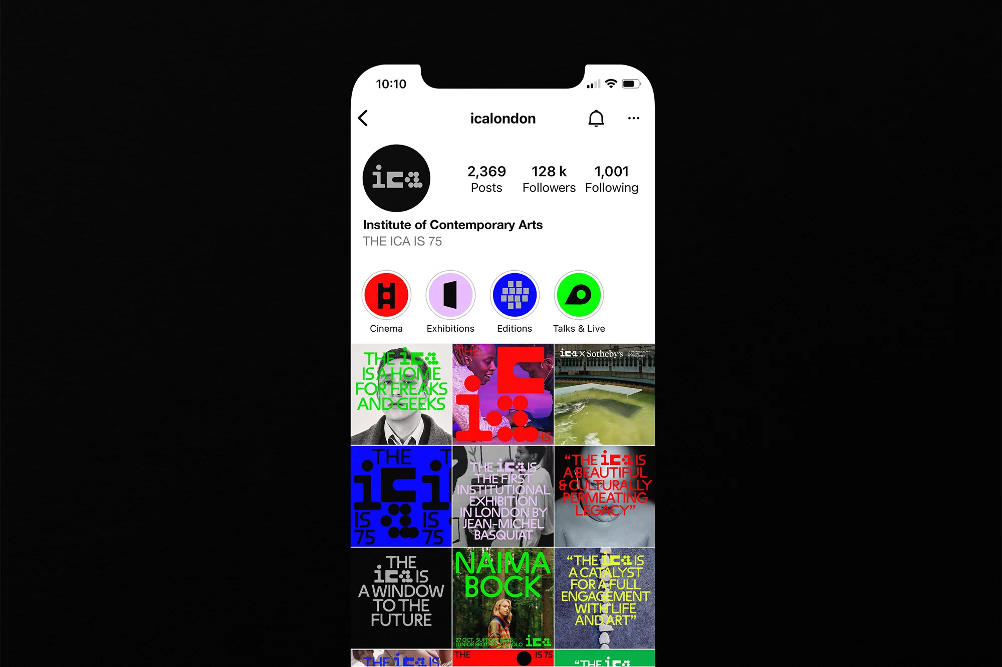 Screenshot of the ICA (Institute of Contemporary Arts) Instagram page on a mobile phone, showing posts and follower counts.