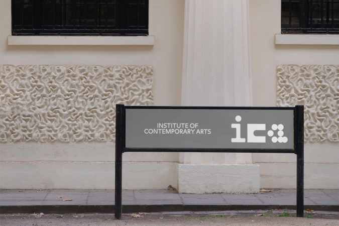 Institute of Contemporary Arts sign outside the building, with its logo and information, urban setting, and artistic architecture visible.