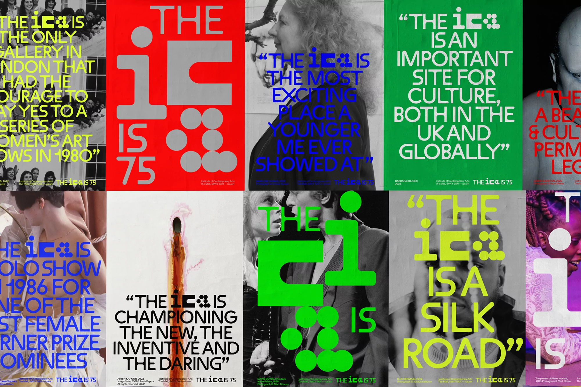 Collection of colorful posters featuring text and graphic design elements, each with a unique layout and color scheme.
