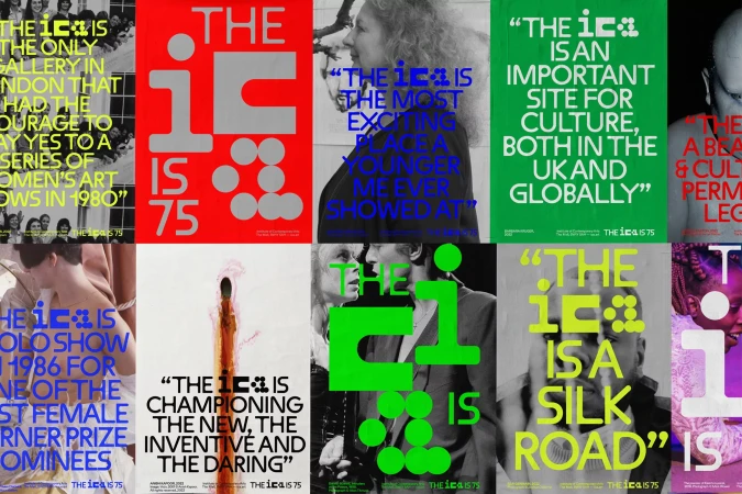 Collection of colorful posters featuring text and graphic design elements, each with a unique layout and color scheme.