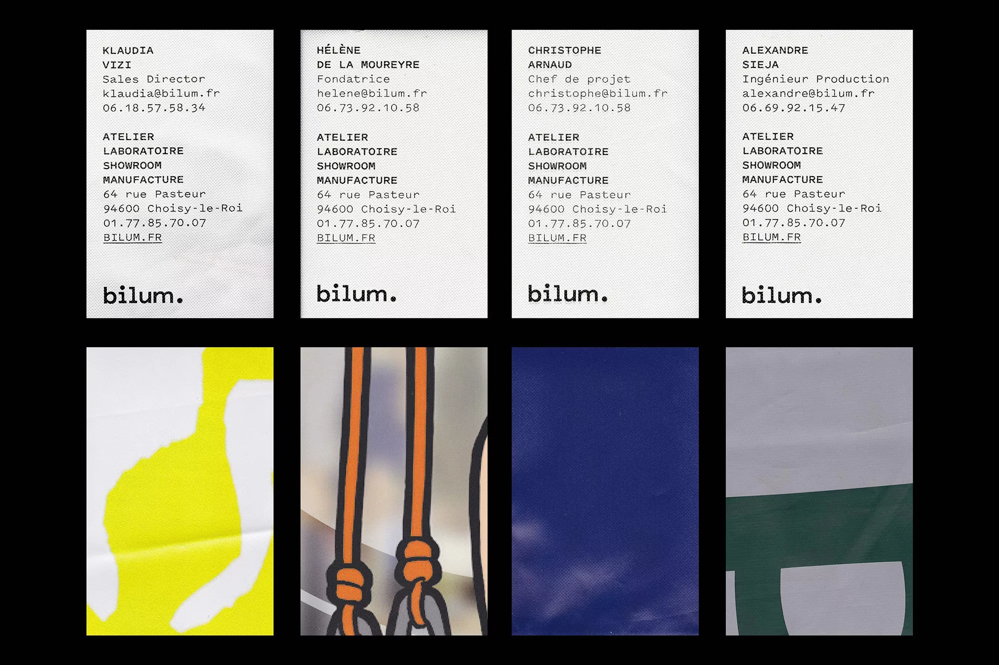 Four receipt-style business cards alongside four colourful graphic brand identity detail panels for Gogo.