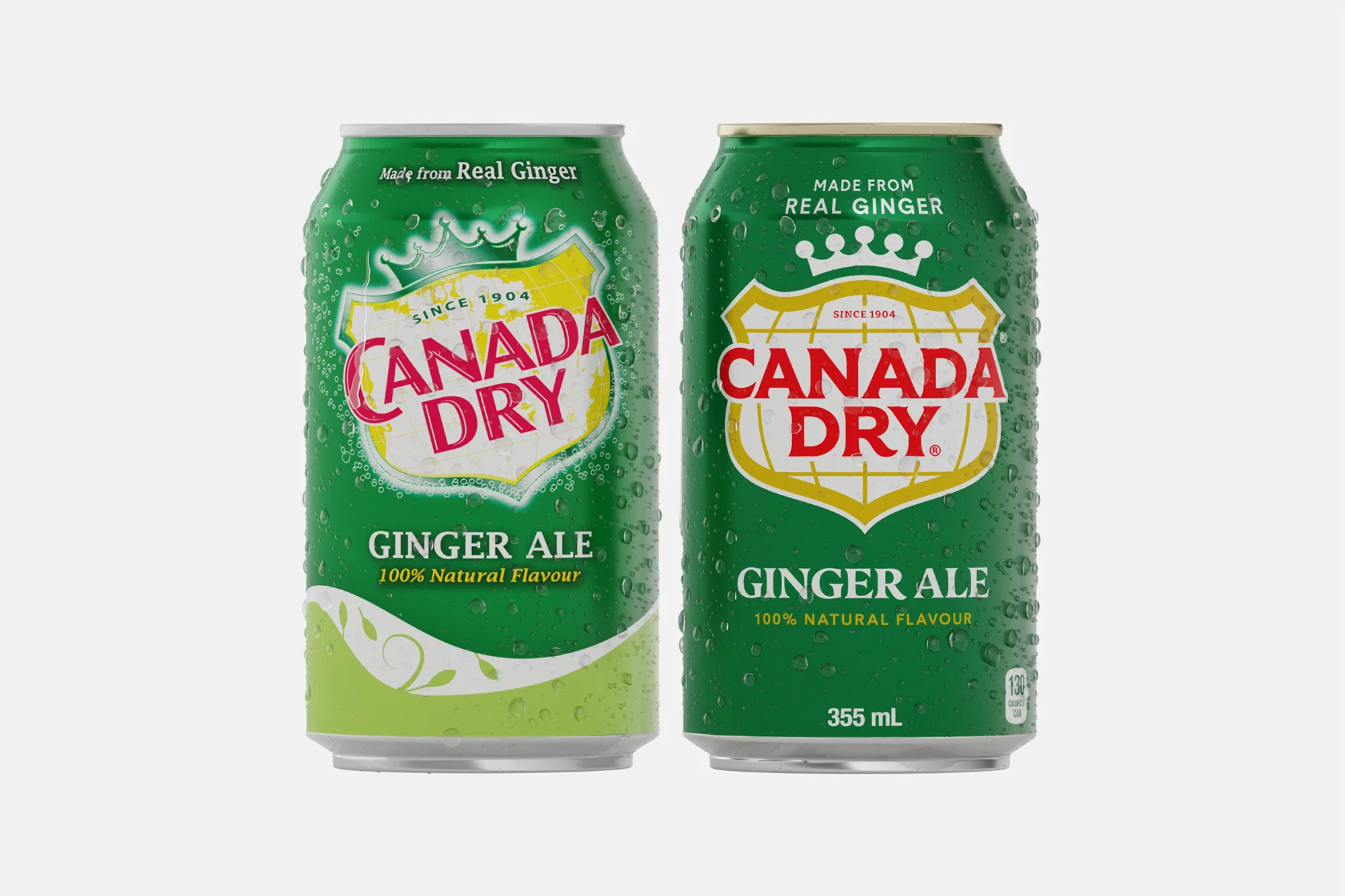 Two green Canada Dry ginger ale cans with water droplets on a white background. Beverage product shot for food and beverage advertising.