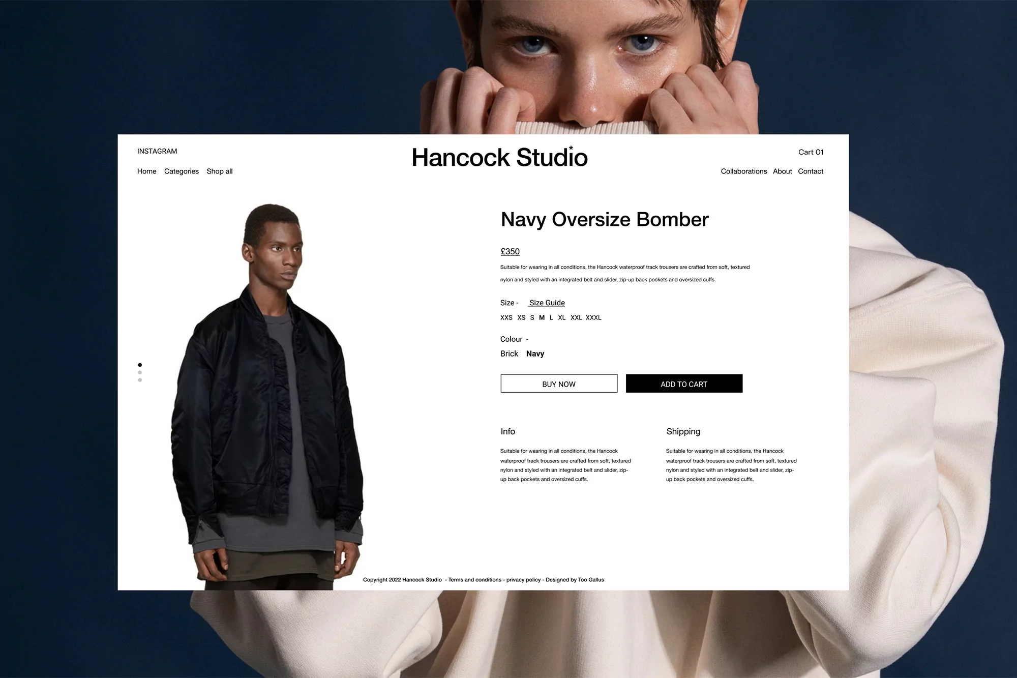 Online fashion retail display featuring Hancock Studio bomber jacket, menswear, and a cropped image of a person's face.