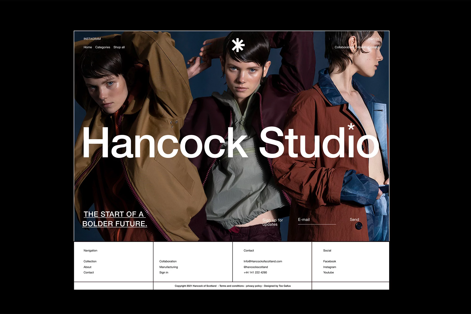 Three models wear stylish outerwear in a studio setting, showcased on the Hancock Studio website with visible text and a dark blue background.