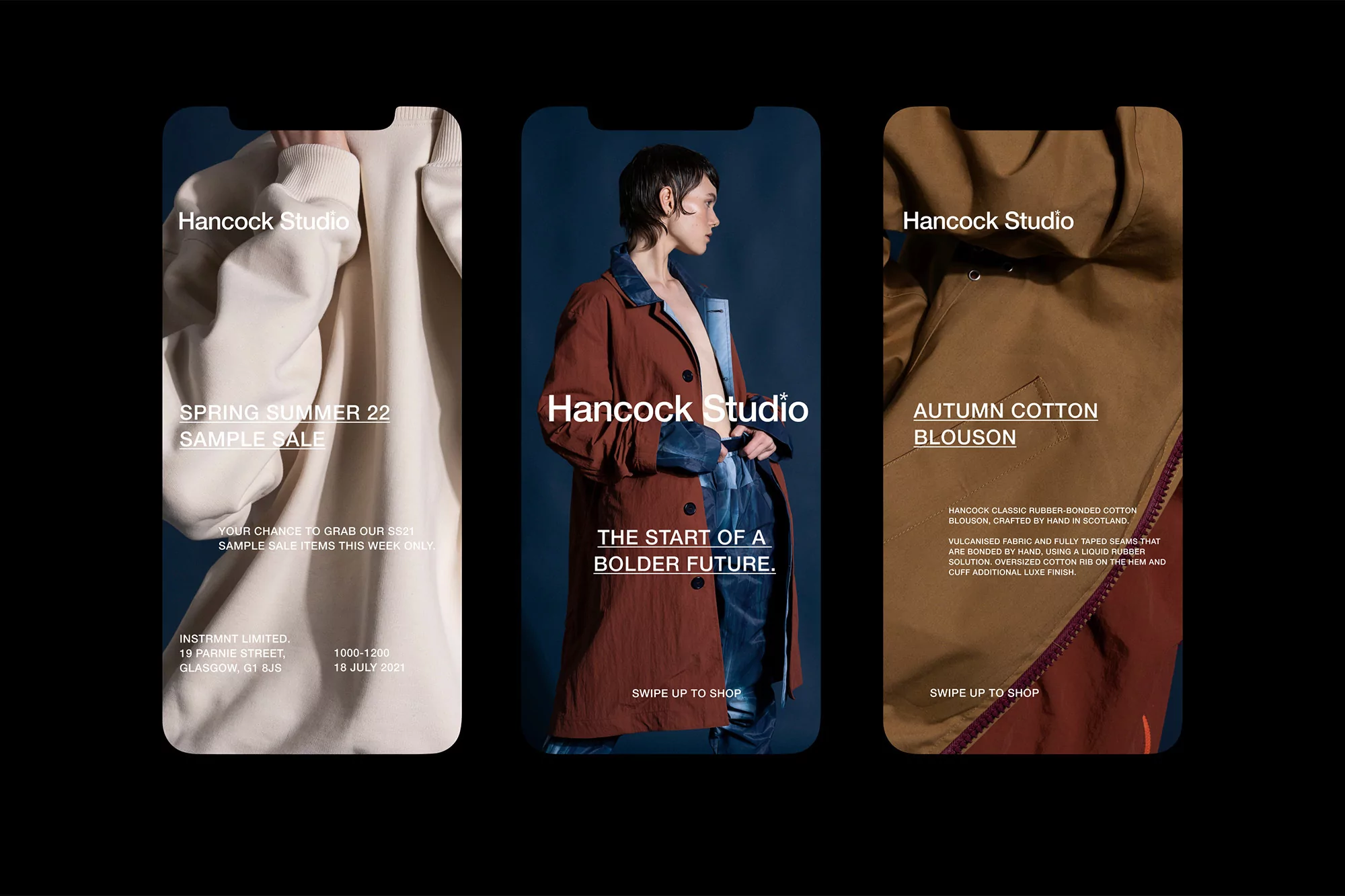 Three smartphone mockups displaying mobile app screens for Hancock Studio featuring fashion photography and typography