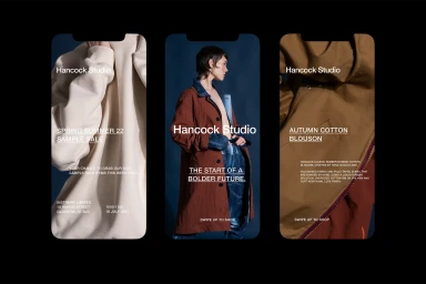 Three smartphone mockups displaying mobile app screens for Hancock Studio featuring fashion photography and typography
