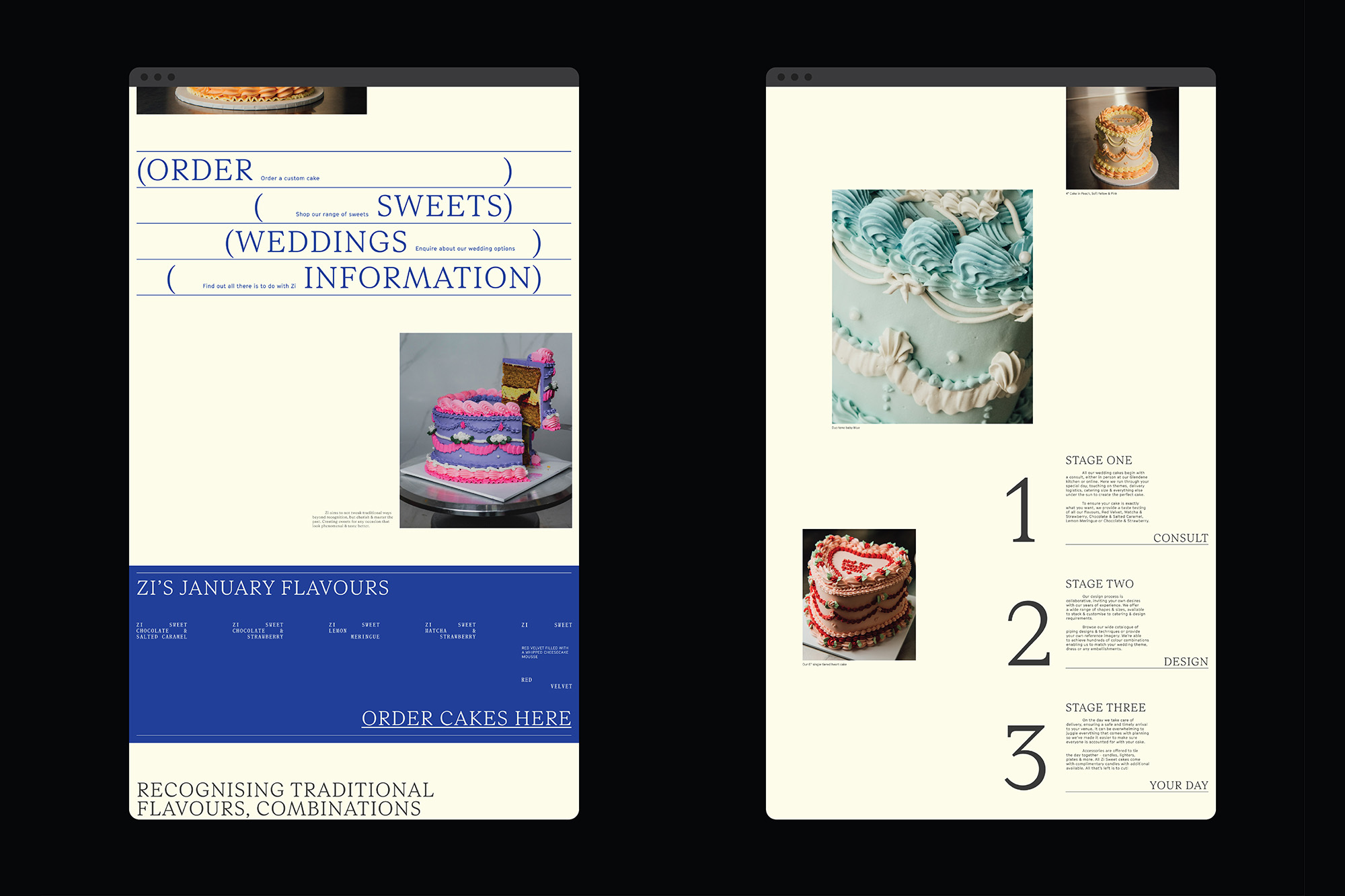 Website design showcasing decorative cakes with pale yellow backdrop, featuring sections for ordering, sweets, weddings, and information.