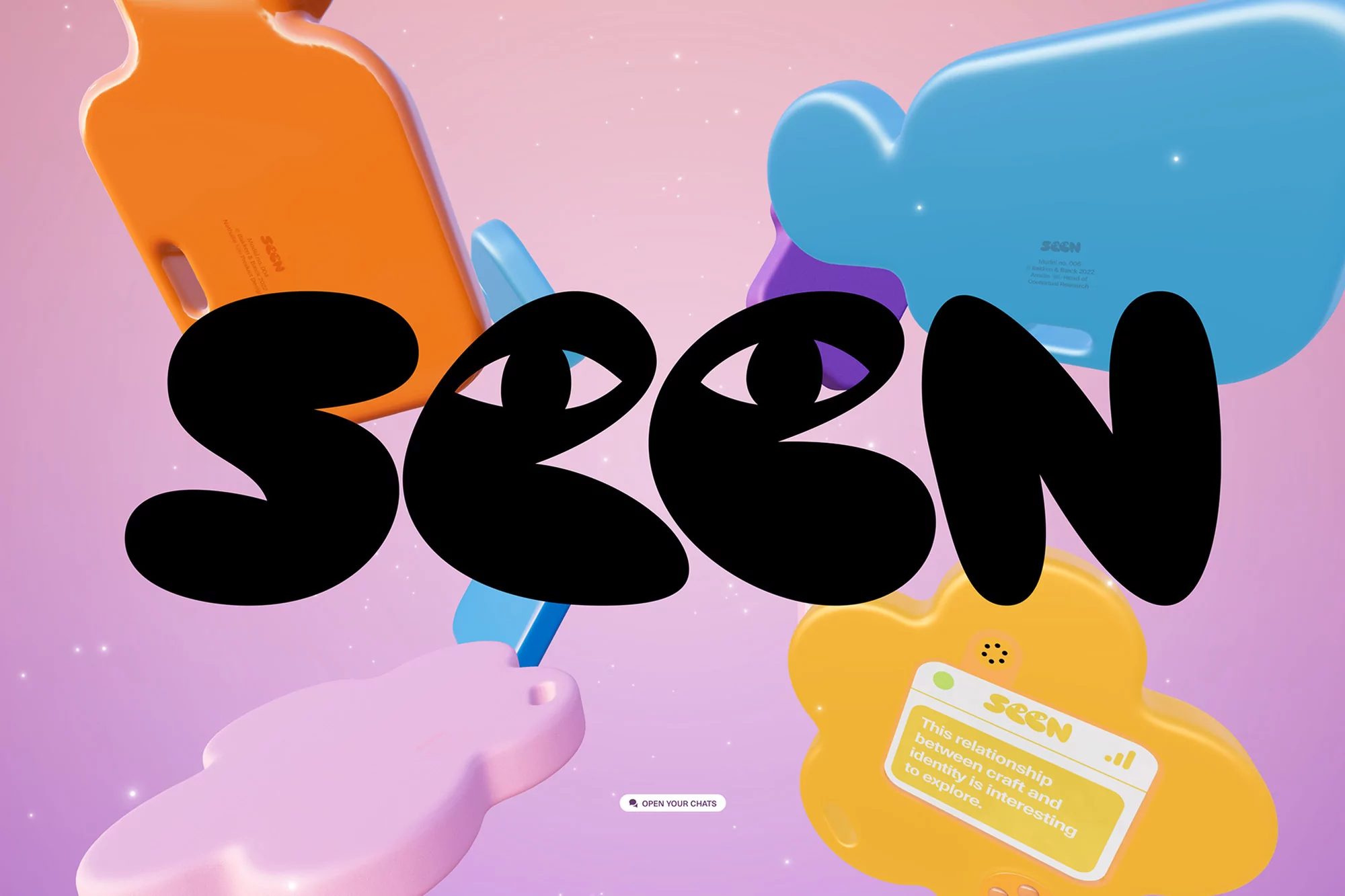 Abstract image of floating colorful geometric shapes, with a black typographic design reading 'SEEN' with stylized eye details on a light purple background.