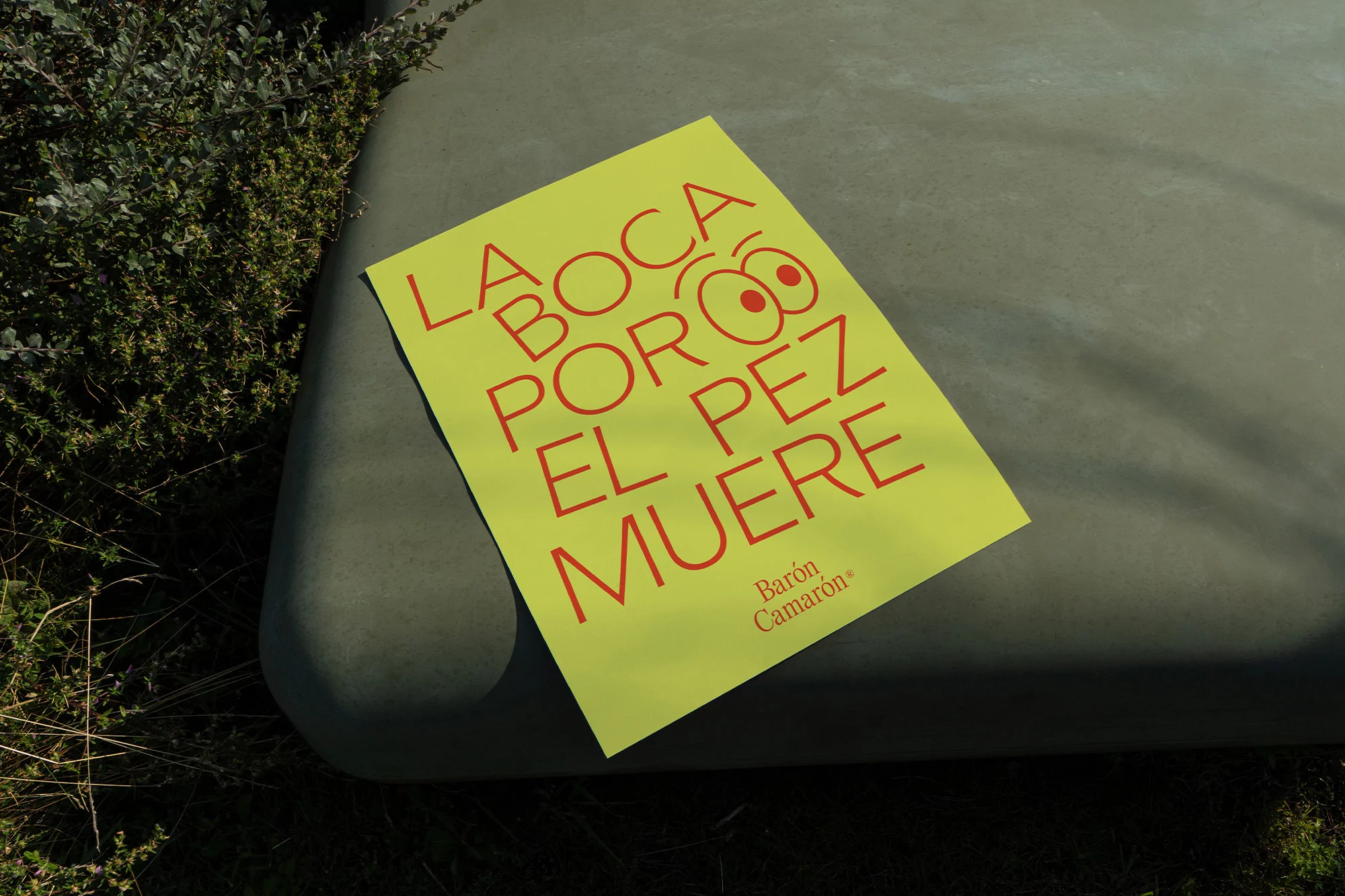 A yellow poster with red lettering reading 'La Boca Por El Pez Muere' rests on a grey surface next to foliage outdoors on a sunny day.