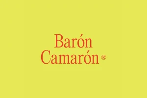 Barón Camarón brand logo in red serif typography set against a solid chartreuse yellow background.