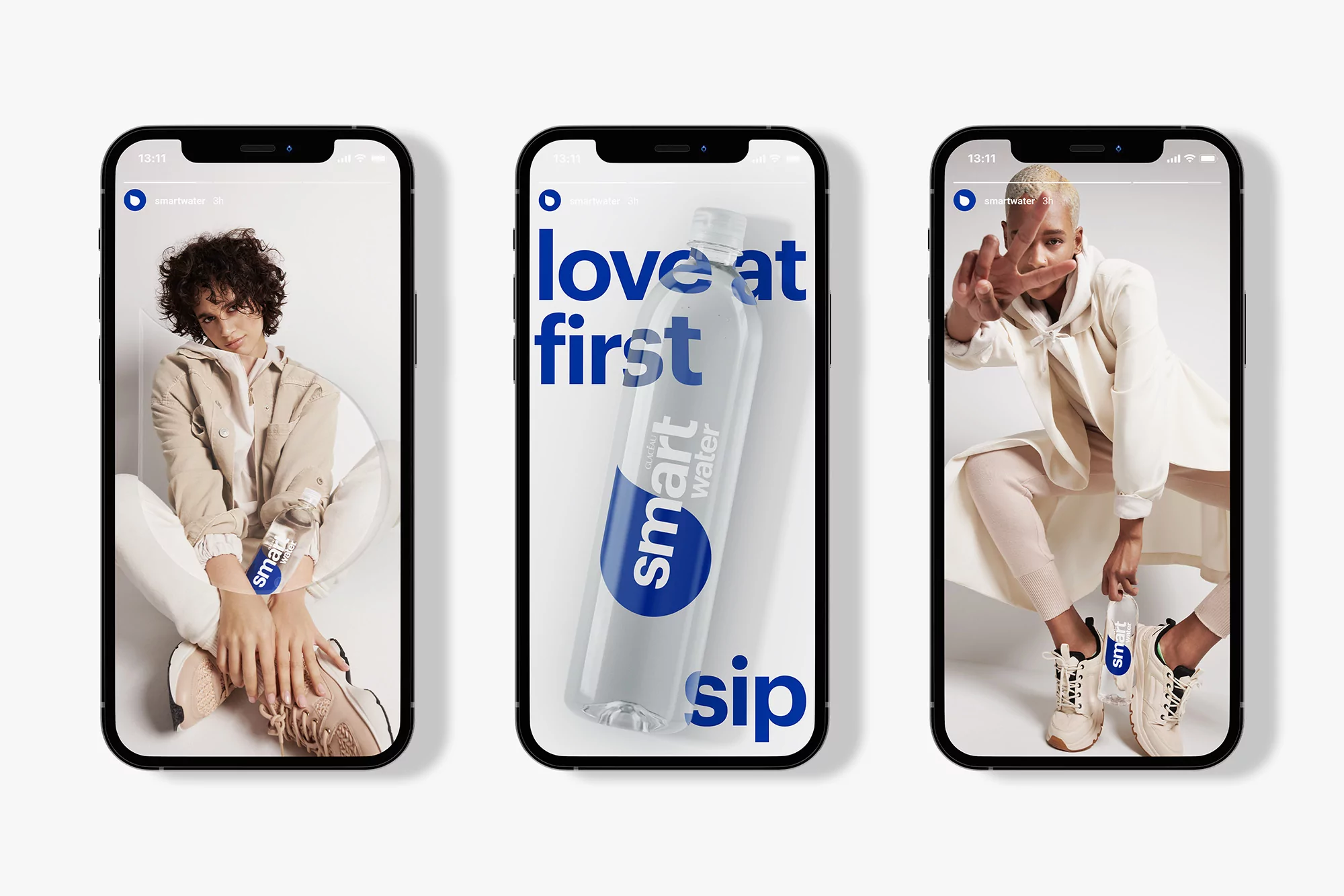 Three smartphone screens showcase a woman in beige attire, a water bottle with 'love at first sip' text, and another woman in a similar outfit.