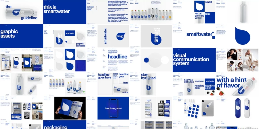 Collage of Smartwater branding materials including bottles, ads, and graphic elements, showcasing the brand's visual identity and packaging.