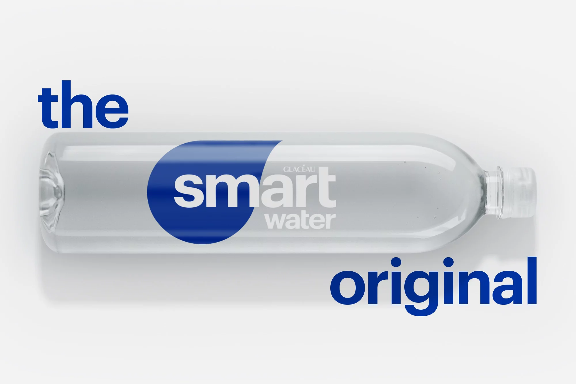 Smartwater bottle with white cap and blue label featuring Glaceau Smartwater branding, set against a clean white background.
