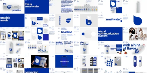 Brand identity guideline layout showing smartwater logo typography product bottles and visual communication system graphics.