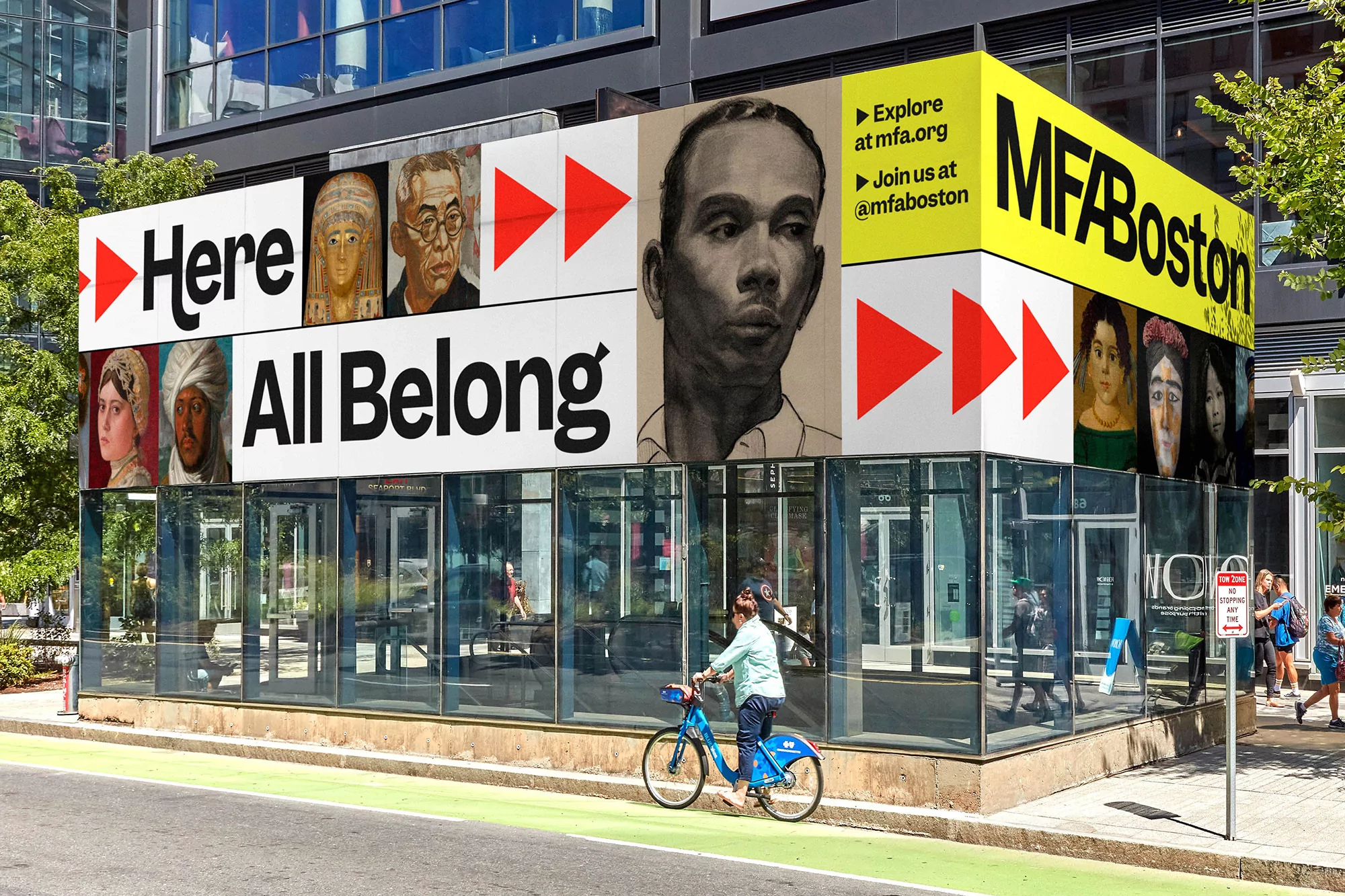 Exterior of MFA Boston, showcasing vibrant mural art installation with portraits, bold typography, and diverse artistic representation in urban setting.