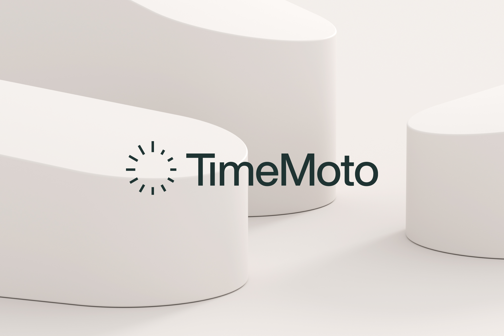 Three white cylindrical platforms showcase the TimeMoto logo against a clean, neutral backdrop, perfect for technology and business branding.