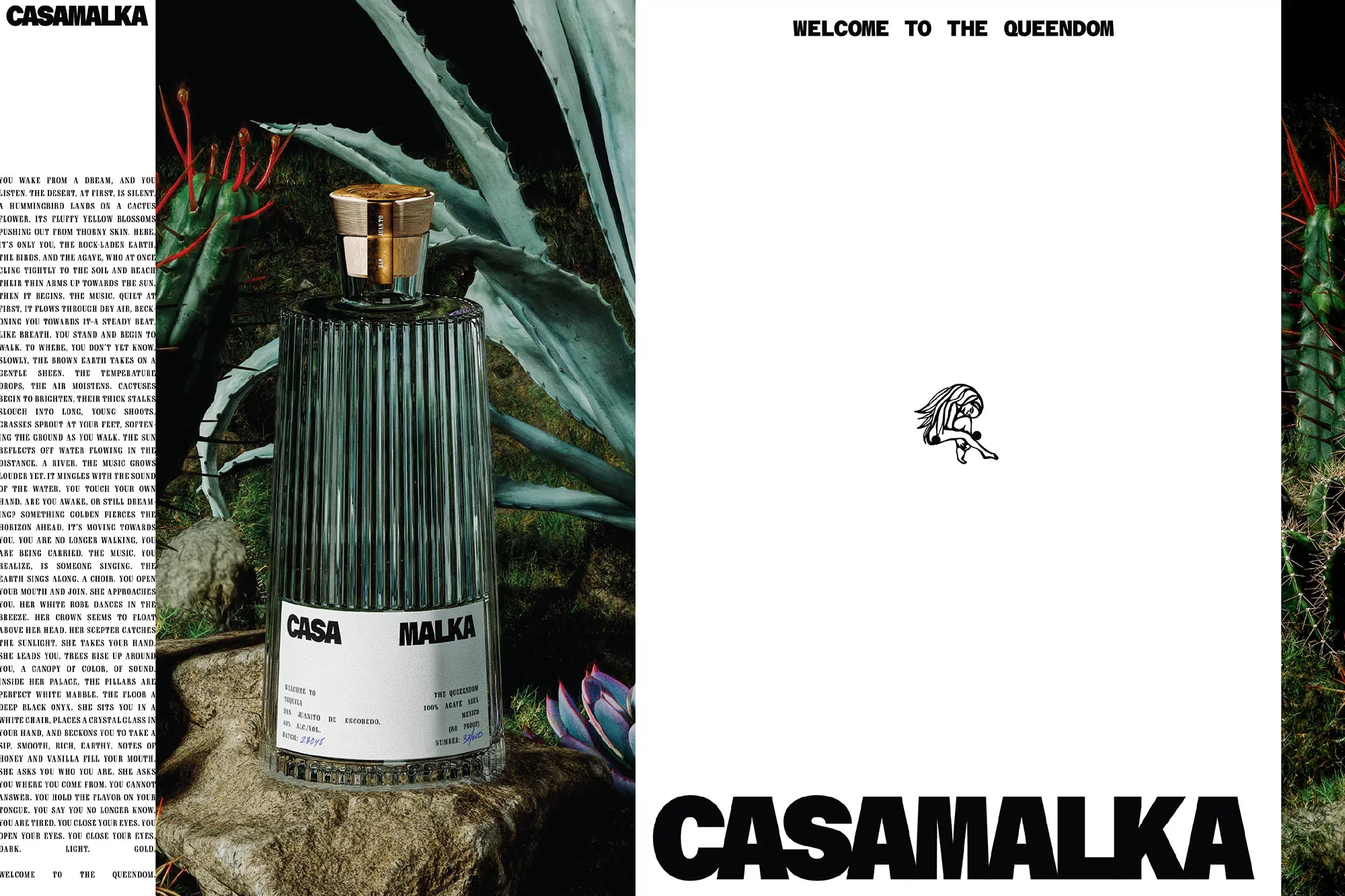Striking fragrance ad with Casa Malka bottle foregrounded by succulents, offset by bold typography and a minimalist illustration.