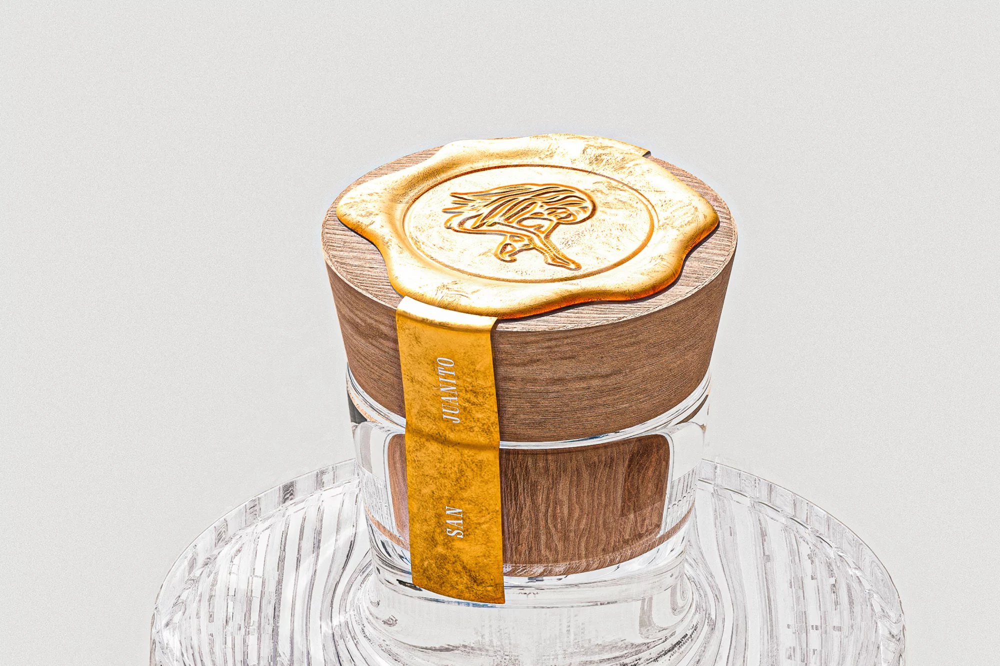 Close-up of a glass bottle with a wooden stopper and gold seal, set against a neutral background, showcasing its design and branding.