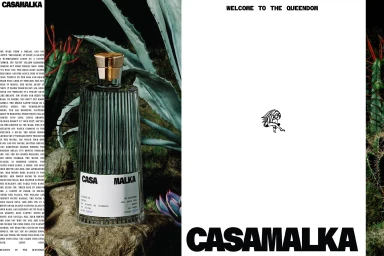 Casa Malka glass spirits bottle with ribbed texture and wooden cork stopper placed on a rustic rock amidst desert cacti.