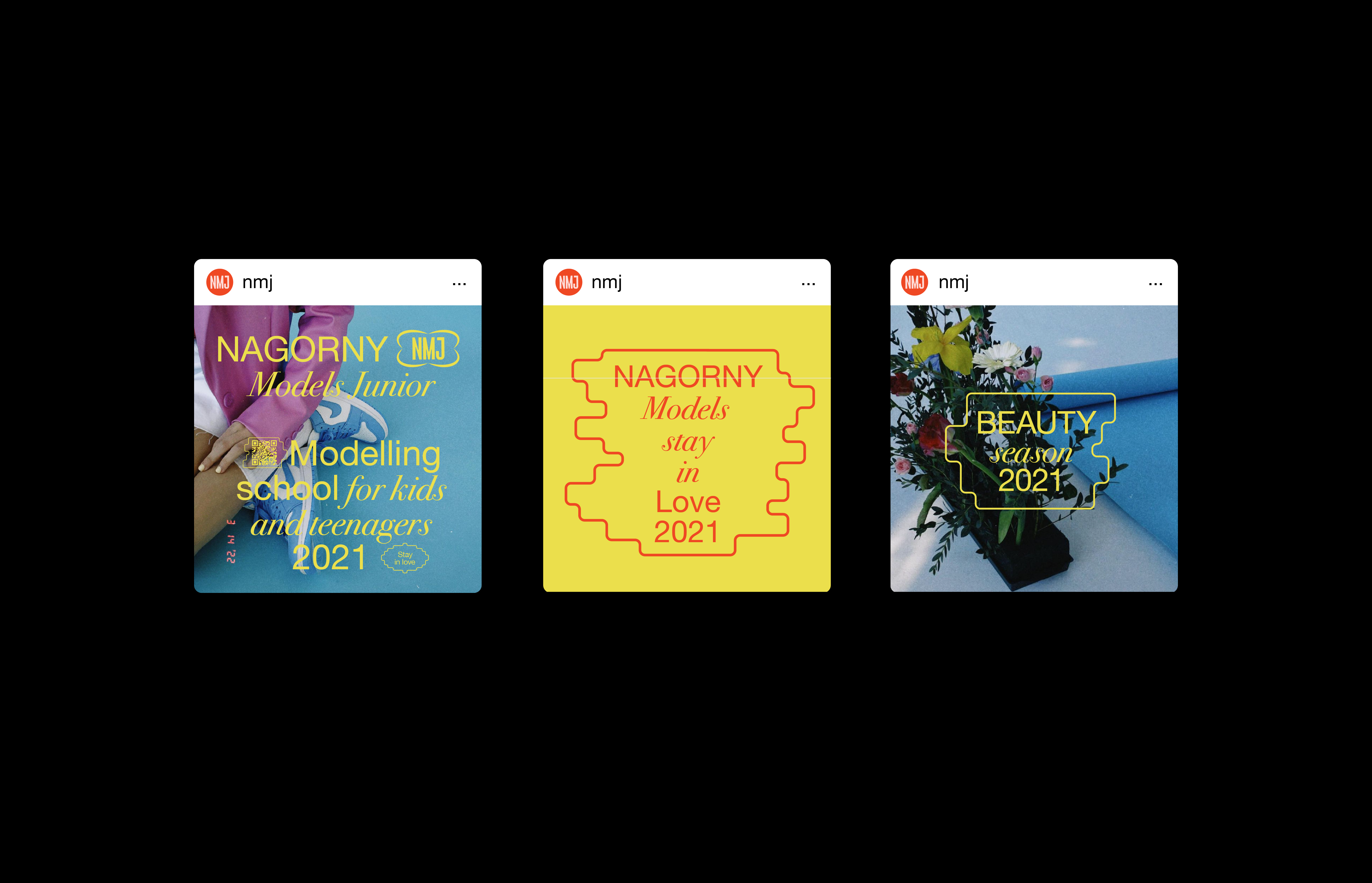 Three social media posts from Nagorny Models Junior showcase modelling school for kids and teens, and beauty season 2021 with text and visuals.