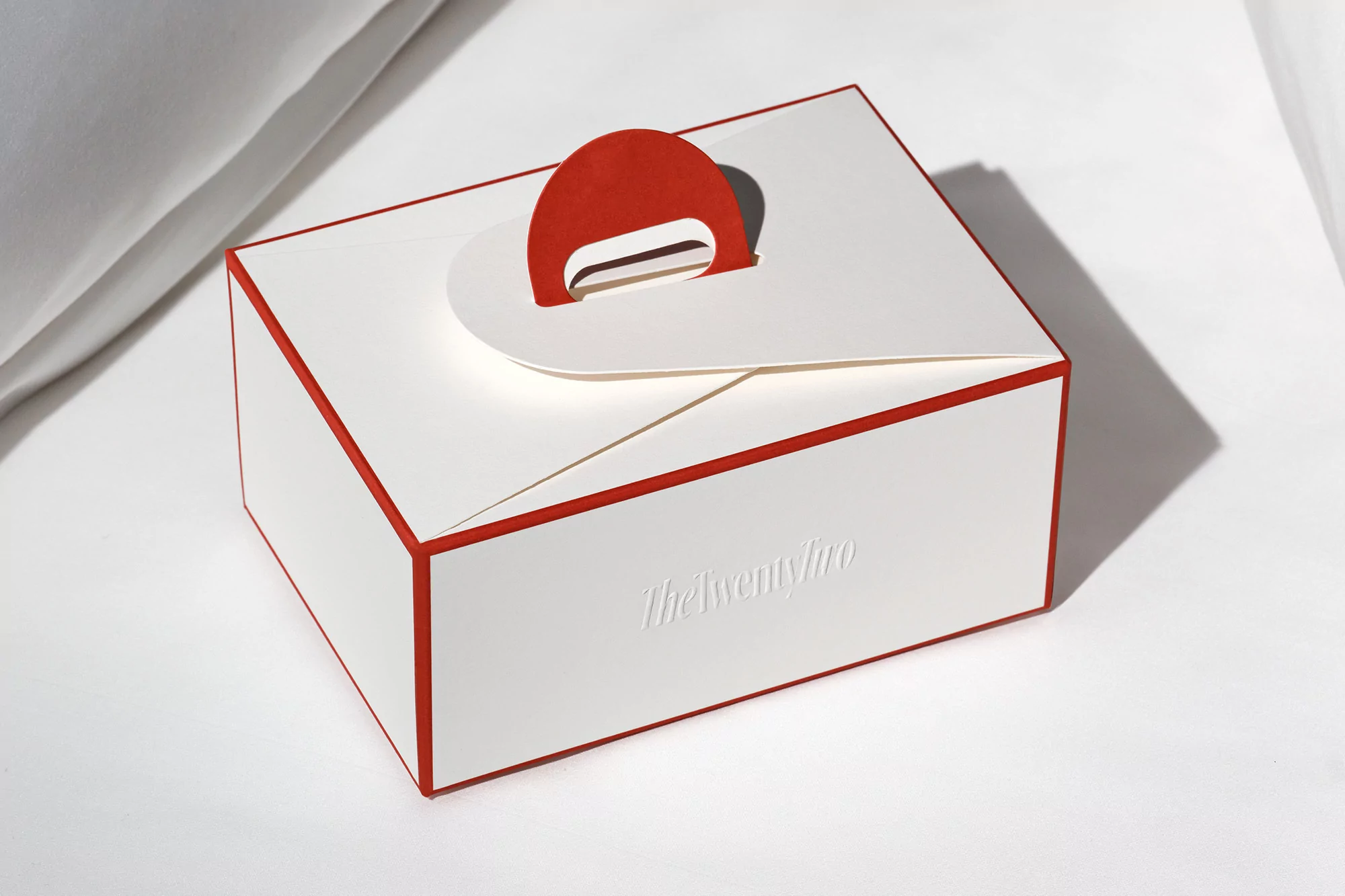 Clean product shot of a white, red-trimmed takeaway box with a handle on a white surface with some shadows, product photography.