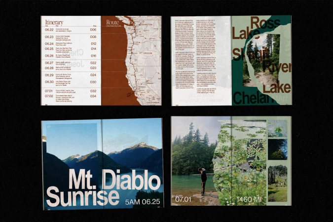 Travel brochure features Pacific Northwest road trip, landscape photography, typography, lake views, and mountain scenery in the collage.