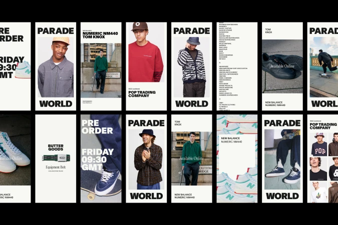 Collage of New Balance and Pop Trading Company campaigns features models in clothing and skateboard shoes, plus pre-order information.