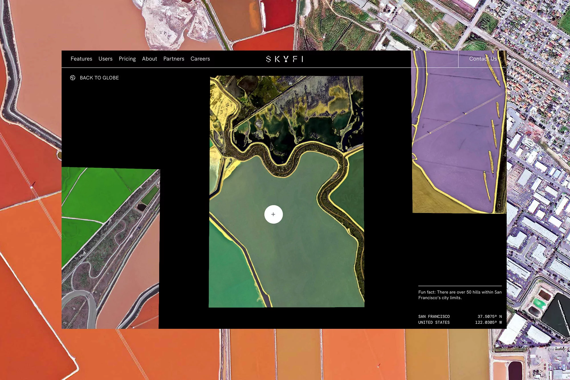 Colorful aerial views of salt ponds and an urban area are visible within the Skyfi webpage in this photograph.