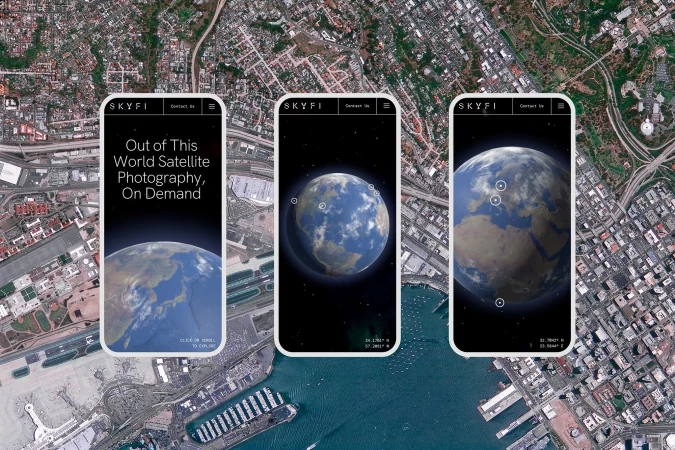 Three smartphones display Skyfi satellite photography over aerial views of a city, harbor, and coast, showcasing on-demand imagery.