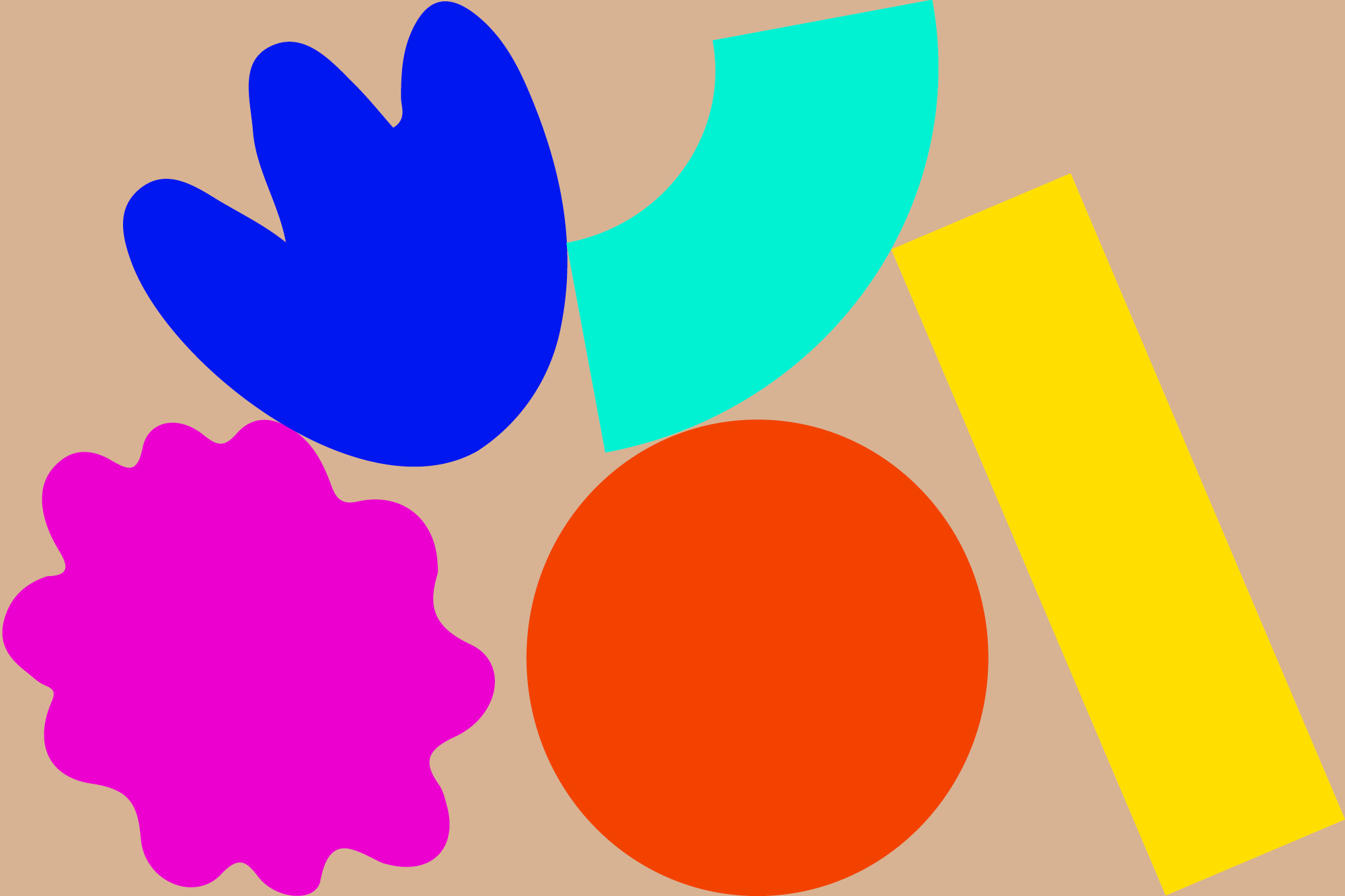 Abstract art featuring geometric shapes in blue, orange, yellow, pink, and turquoise on a beige background.