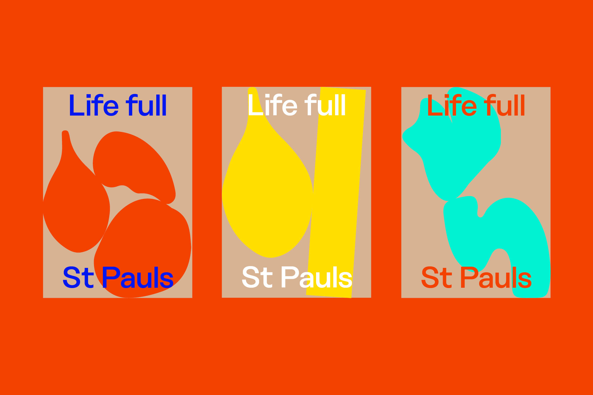 Abstract graphic art featuring three panels with colorful shapes and text 'Life full' and 'St. Pauls' on a vivid orange backdrop.