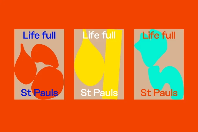 Abstract graphic art featuring three panels with colorful shapes and text 'Life full' and 'St. Pauls' on a vivid orange backdrop.