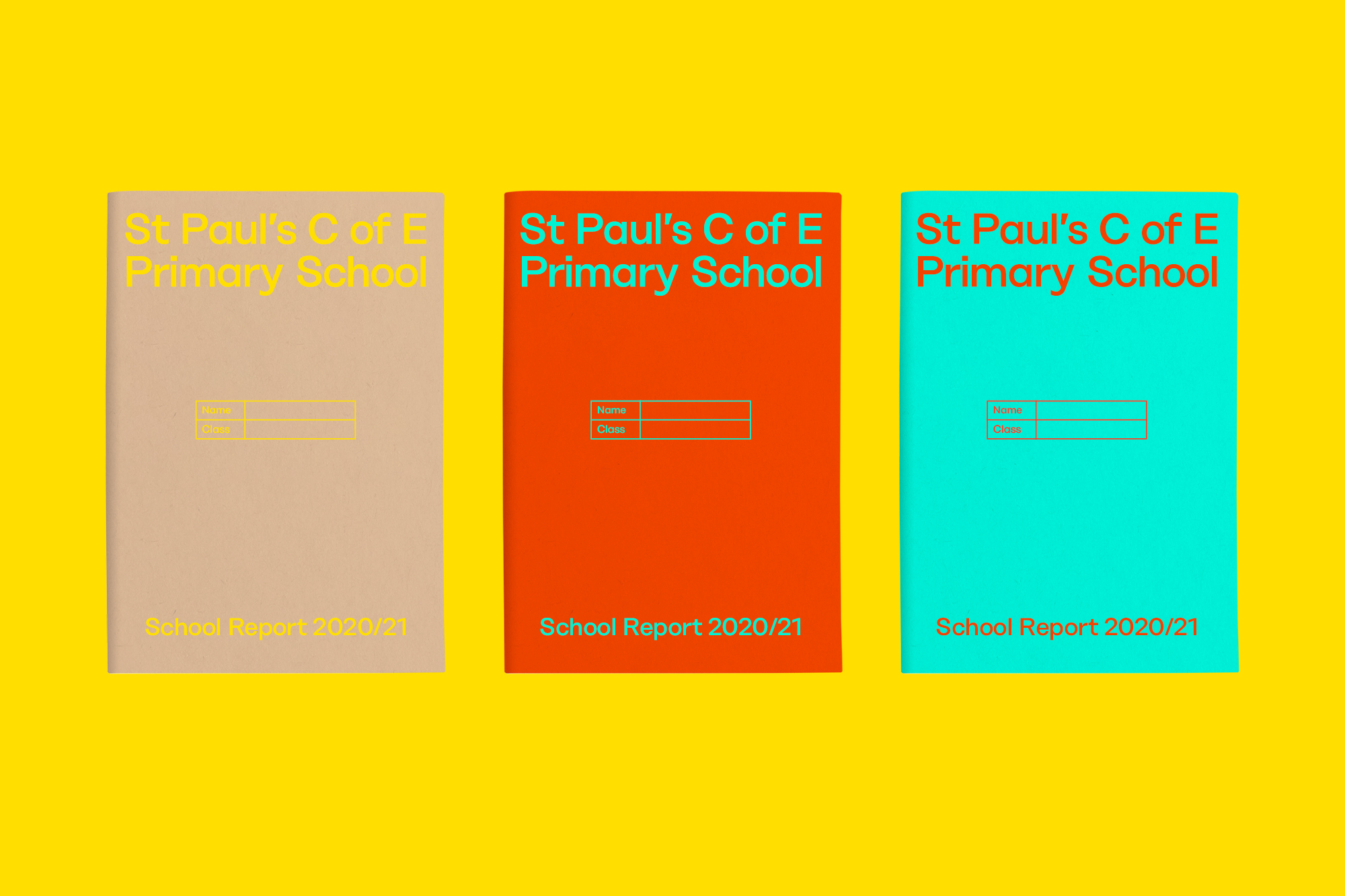 Three colorful school report covers in beige, orange, and turquoise on a yellow background. School report 2020/21.
