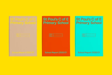 Three colorful school report notebooks featuring bold typography against a vibrant yellow background