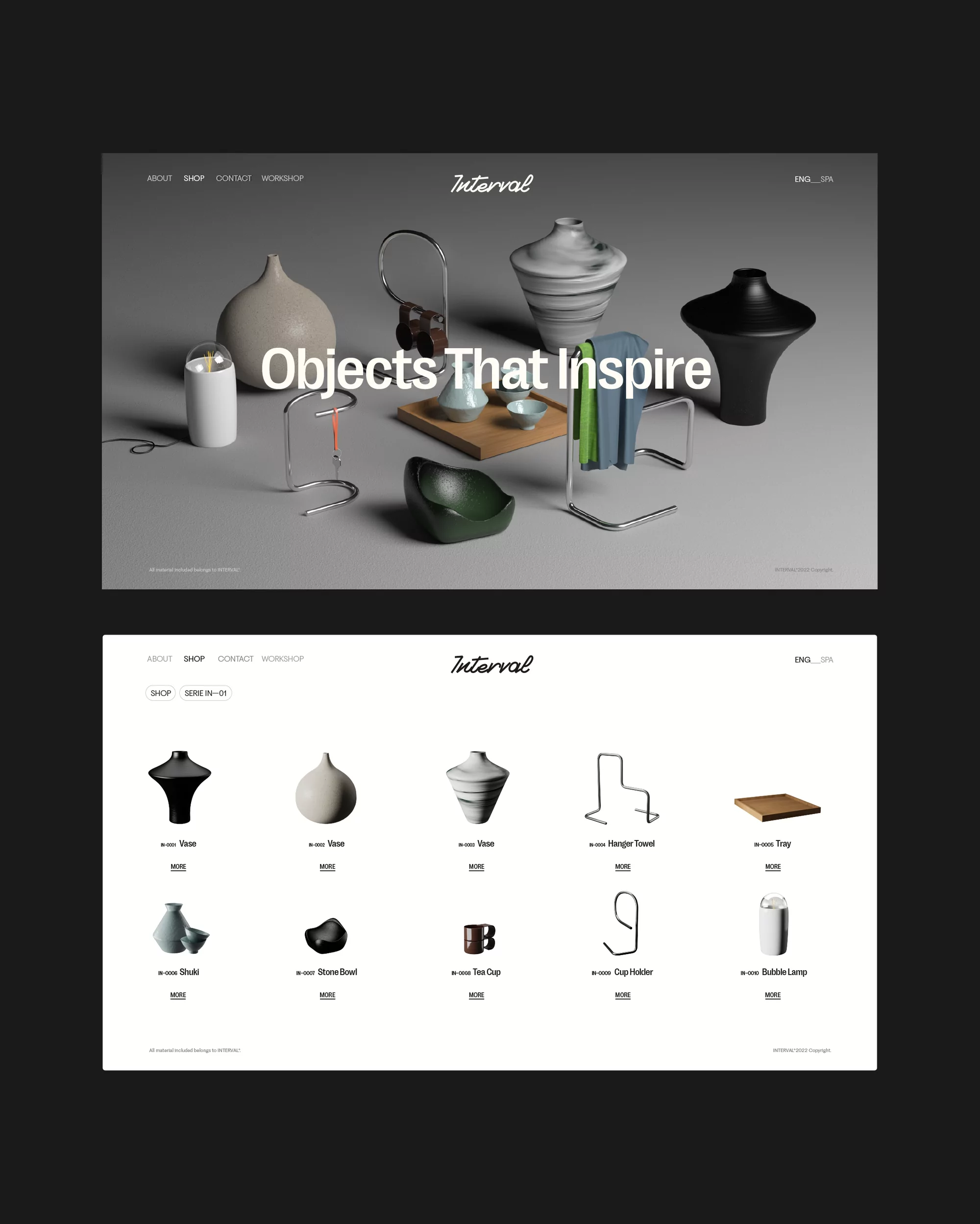 Product photography showcasing a collection of vases, bowls, lamps, and other decorative objects displayed on a light gray surface.