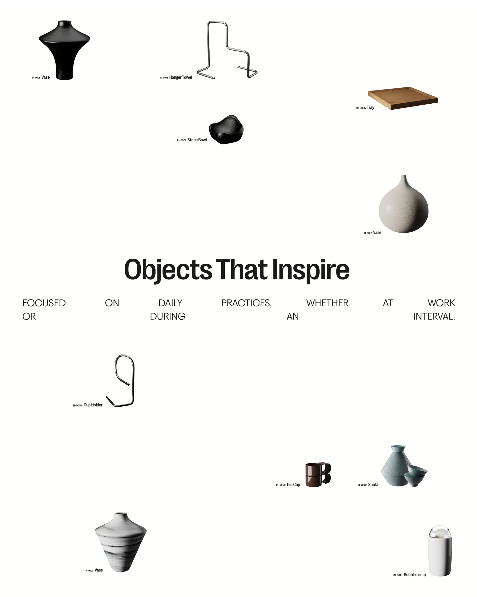 Still life of various household objects including vases, mugs, and trays, arranged against a clean white background in a minimalist style.