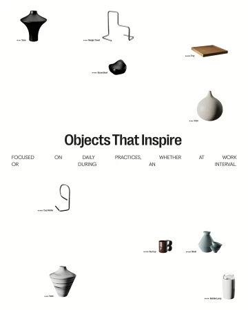 Minimalist brand identity layout featuring minimalist objects, typography, and product photography on a clean white background
