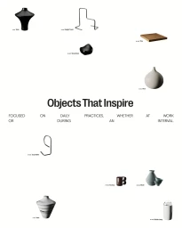 Minimalist brand identity layout featuring minimalist objects, typography, and product photography on a clean white background